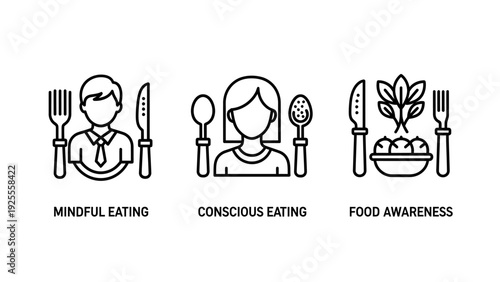 Healthy Lifestyle Concepts: Mindful Eating, Conscious Consumption, and Food Awareness Icon Set