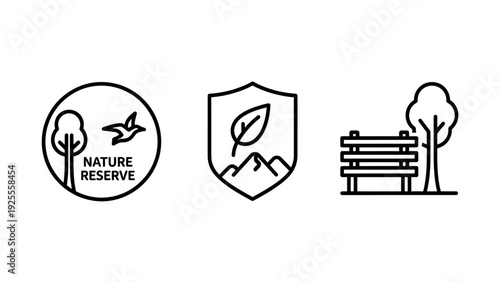 Environmental Conservation: Nature Reserve, Protection Shield, and Relaxing Park Bench Icon Set