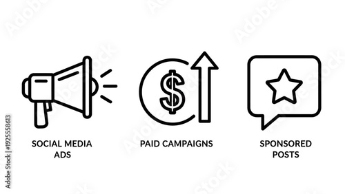 Digital Marketing and Social Media Advertising Icons: Paid Campaigns, Sponsored Posts, and Online Promotion Strategies