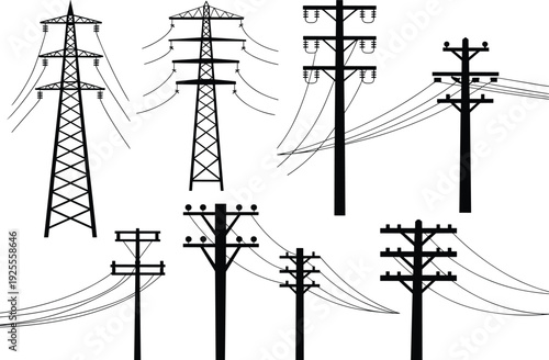 Collection of black silhouettes of power line poles and towers electricity transmission tower