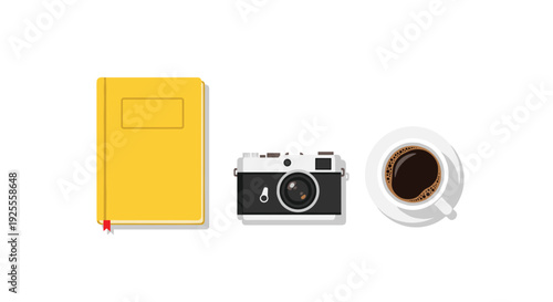 A yellow hardcover book with a red bookmark, a vintage black and silver camera, and a white cup of black coffee are placed horizontally.
