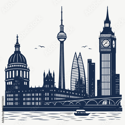 London City Skyline Vector Illustration with Big Ben, St. Paul's Cathedral, and Berlin TV Tower Silhouette