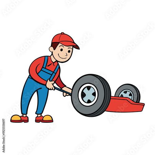 A skilled mechanic kneels beside a car, loosening lug nuts and replacing a worn tire with precision. Tools scattered nearby, the fresh wheel ensures a safe, smooth ride ahead.
