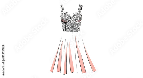 Isolated Hand Drawn Fashion Illustration of an Embellished Dress with Pleated Skirt isolated PNG with Transparent Background
