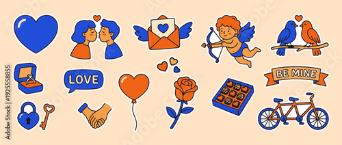 Love Collection: A set of charming illustrations portraying love and romance, featuring a heart, a couple in a tender moment, and a cupid.