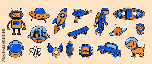 Galaxy of Fun: A colorful collection of illustrations evokes a sense of wonder and excitement, depicting space-themed elements and playful icons.