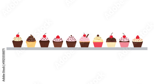 Eleven assorted cupcakes with various colorful frostings and toppings are arranged in a horizontal line on a grey shelf.