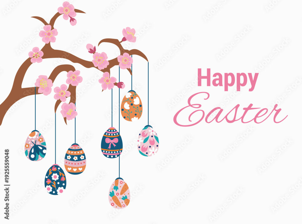 Fototapeta premium Happy Easter Greeting with Hanging Eggs. Cute Easter illustration for poster and banner design
