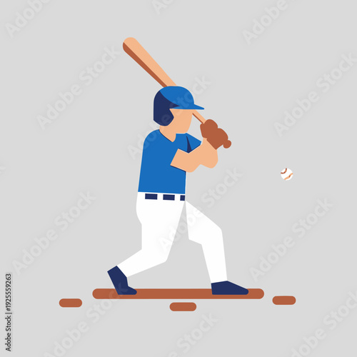 Baseball player swinging bat at ball, action shot, sports illustration, flat design