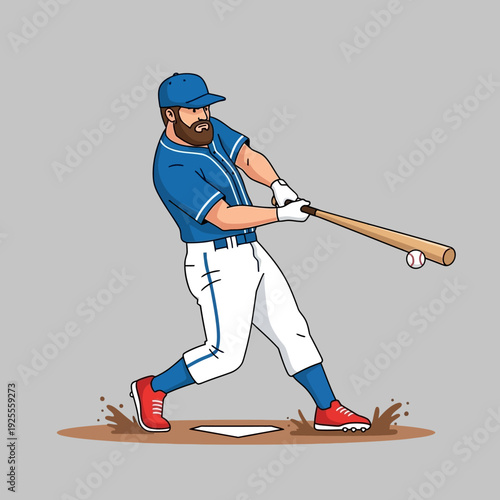 Baseball player swinging bat at home plate, hitting ball, action shot