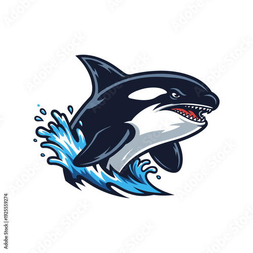 Aggressive orca killer whale mascot jumping with water splash