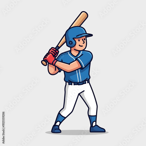 Baseball player in blue uniform swinging bat, ready to hit ball, cartoon style