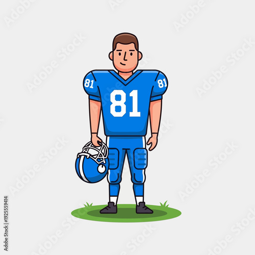 American Football Player in Blue Uniform Holding Helmet on Green Grass