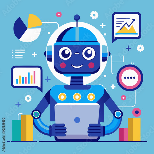set of robot vector illustration. Artificial intelligence assistant chatbot helping business analysis and digital communication. Concept of AI technology, data analytics, automation, and innovation