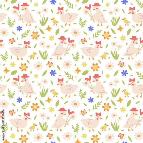 Cute Easter pattern with cartoon ducks and a duckling on a spring flower background on a white background. Festive geese for childrens textiles. Seamless texture for a festive design