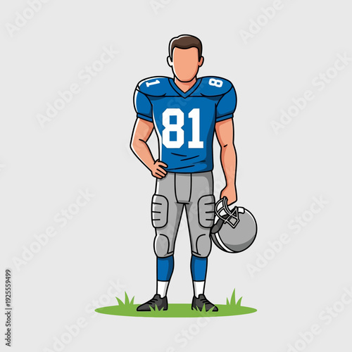 American Football Player in Blue Uniform Holding Helmet, Ready for Game