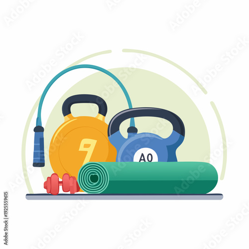 Variety of fitness equipment, including kettlebells, jump rope, and yoga mat for home workouts and a healthy lifestyle