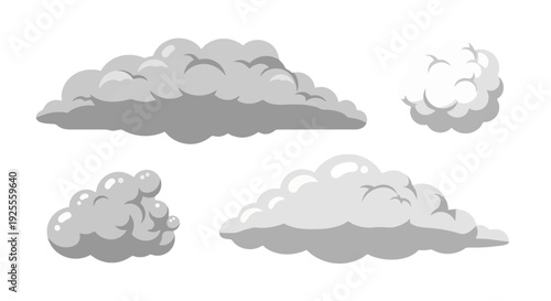 Stylized Grey and White Cartoon Clouds Vector Set with Glossy Highlights.