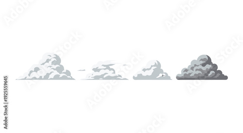Stylized vector illustration of four distinct cartoon clouds from light fluffy to dark stormy gray.