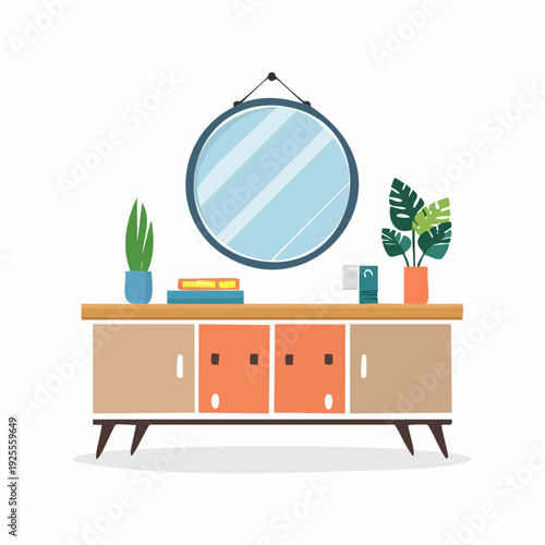 Stylish wooden sideboard with a round mirror and decorative house plants for a cozy home interior design