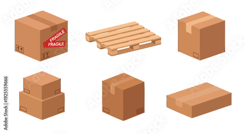 Various isometric brown cardboard shipping boxes some with fragile labels and a wooden pallet.
