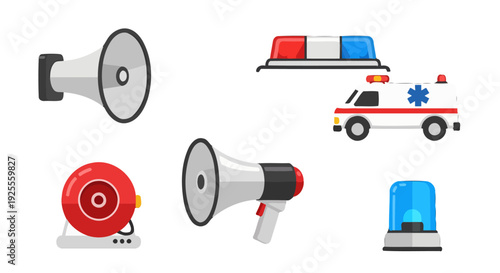 Vibrant Flat Design Emergency Alert Icons Megaphones Sirens Ambulance and Warning Devices Collection with Bold Outlines.