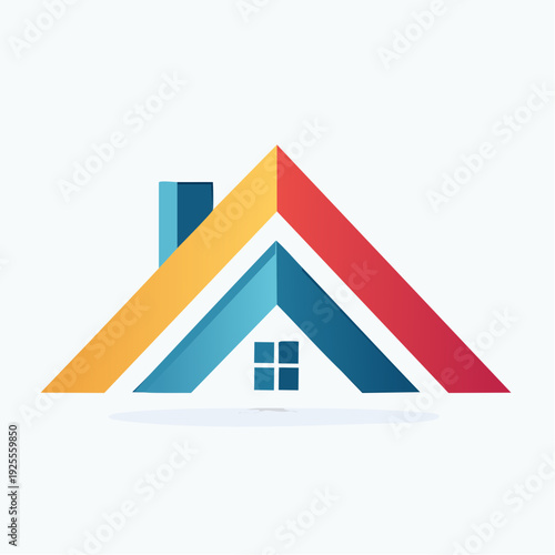 Modern abstract house icon with vibrant multi-colored roof design, symbolizing home, real estate, and property development