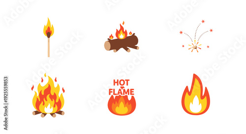 Vibrant Flat Design Fire Icons Set Match Burning Log Campfire Sparks and Stylized Flames.