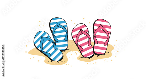 Two pairs of striped flip-flops in blue and pink colors are positioned upright in small mounds of sand against a solid white background.