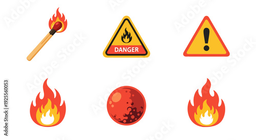 Collection of six fire danger and warning icons including a burning matchstick and a red planet.