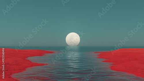 A serene wide-angle extraterrestrial landscape featuring vibrant red sandbanks meeting a calm teal ocean under a clear sky with a massive glowing moon on the horizon.