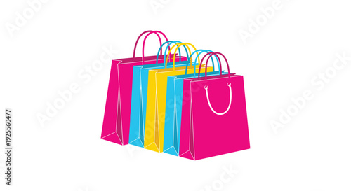 Five colorful shopping bags in shades of pink and blue and yellow are arranged in a row against a solid white background.