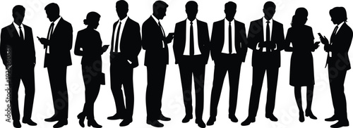 Business people silhouettes group standing together, professional male and female executives using smartphones, corporate teamwork concept, black vector illustration