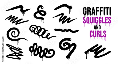 Modern graffiti squiggles and curls design elements collection