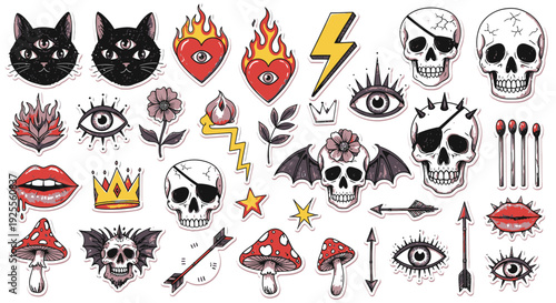 Vibrant tattoo stickers collection featuring skulls and mystical symbols