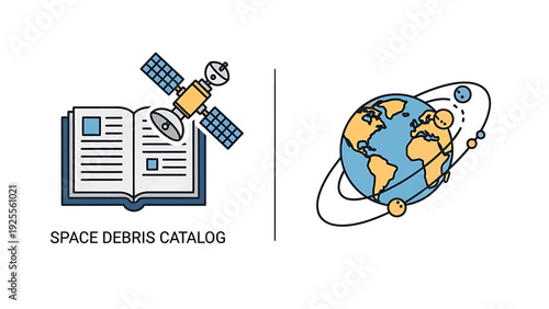 Illustration icons: open book with satellite and stylized Earth with orbiting satellites. Visualizing space debris cataloging and orbital mechanics.