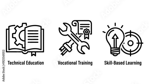 Icons for technical education: book with gear, wrench on diploma, and lightbulb over target. Illustrating vocational training and skill-based learning.