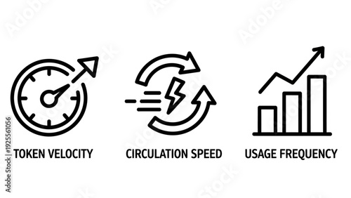 Icons for cryptocurrency metrics: speedometer for token velocity, lightning bolt for circulation speed, and bar chart for usage frequency.