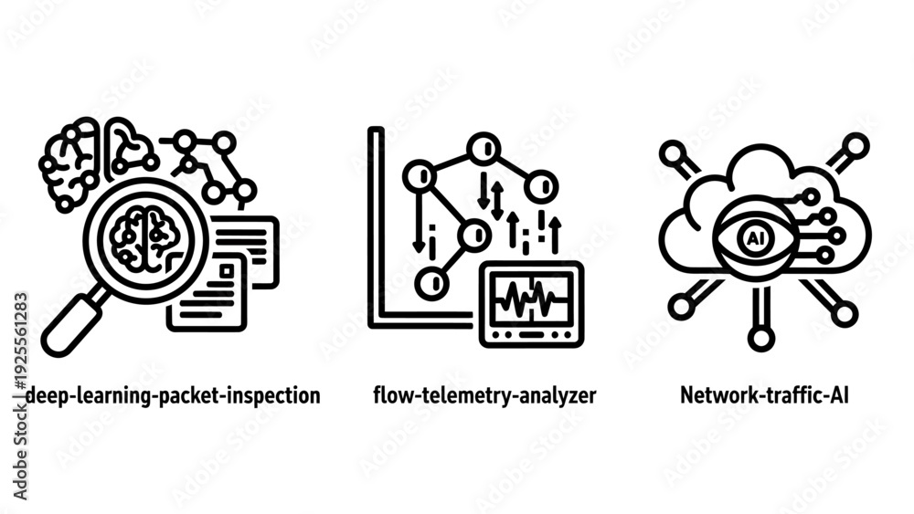 Obraz premium Icons for deep learning packet inspection, flow telemetry analysis, and network traffic AI, representing advanced cybersecurity and network monitoring.