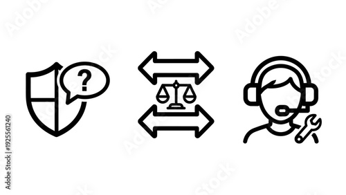 Icons depicting security with question, legal balance scales, and customer support service, representing compliance, law, and assistance.