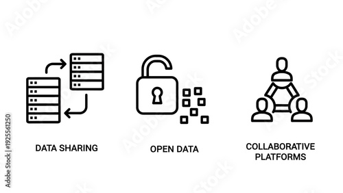 Icons illustrating data sharing, open data, and collaborative platforms, promoting transparency and teamwork in the digital age.