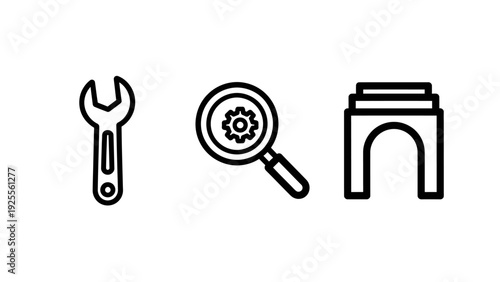 Set of simple icons representing tools, search, and architecture for concept of building, analysis, and structure.
