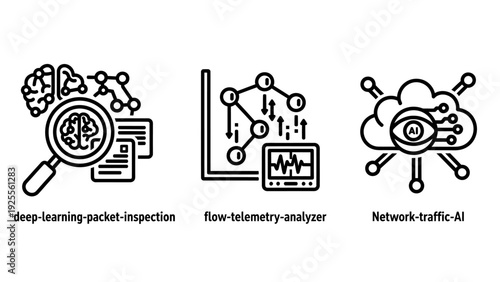 Icons for deep learning packet inspection, flow telemetry analysis, and network traffic AI, representing advanced cybersecurity and network monitoring.