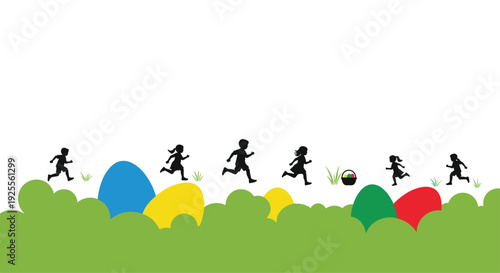 Silhouetted children run across a green grassy field filled with large colorful Easter eggs and a small woven basket.