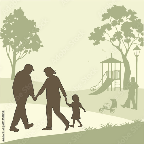 Family silhouettes walking together in a sunny public park with a playground background