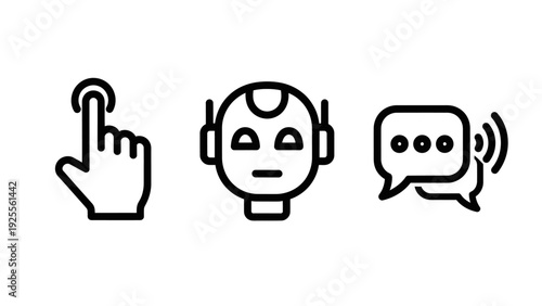 AI Chatbot interaction icons: Finger tap, robot head, and speech bubble with sound waves representing artificial intelligence and communication.