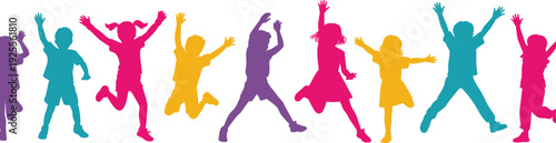 Colorful Silhouettes of Children Jumping Joyfully Against White Background kids happy
