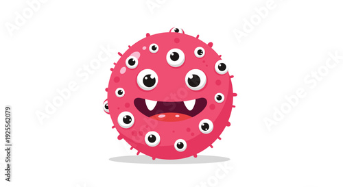 A pink circular cartoon microbe with multiple eyes and two white fangs smiles against a white background with a soft gray shadow underneath it.