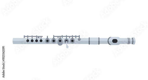 Silver Flute Musical Instrument Closeup View.