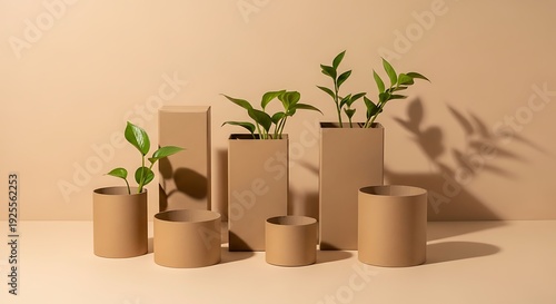 Wallpaper Mural Brown cardboard planters with green plants on beige background Torontodigital.ca